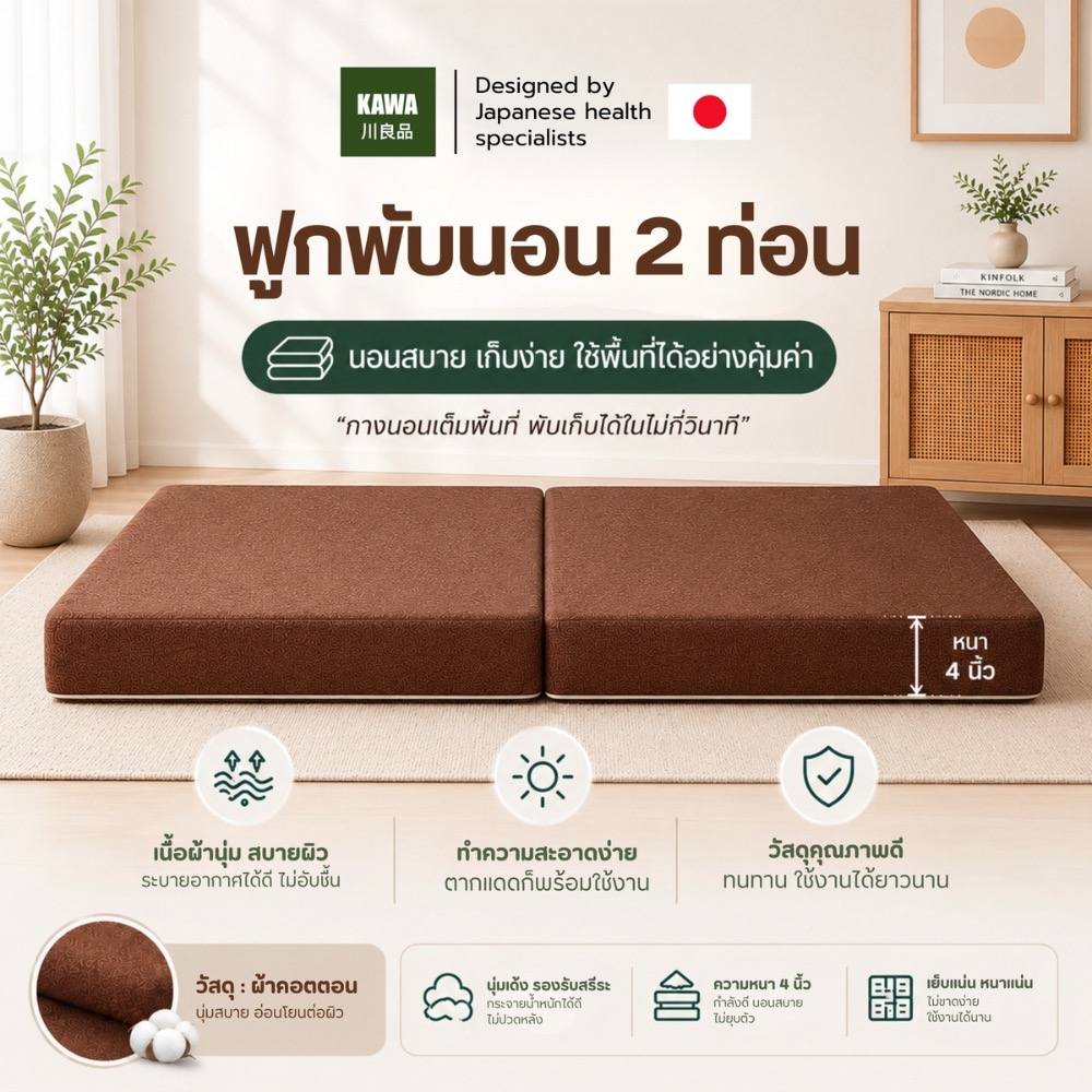 KAWA ฟูกพับญี่ปุ่น หนา 4 นิ้ว ฟูกนอนพับได้ ที่นอนปูพื้นสไตล์ญี่ปุ่น ฟูกนอนอเนกประสงค์ พับเก็บง่าย รองรับสรีระ