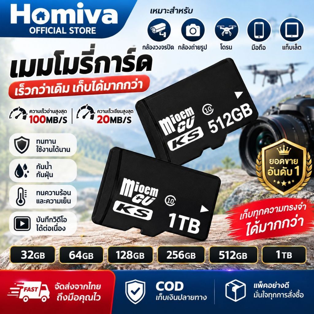 รับประกัน 10 ปี- เมมโมรี่การ์ด Memory Card Micro SD card 32GB 64GB 128GB 256GB 512GB 1TB กล้อง/โทรศัพท์ สําหรับ Android
