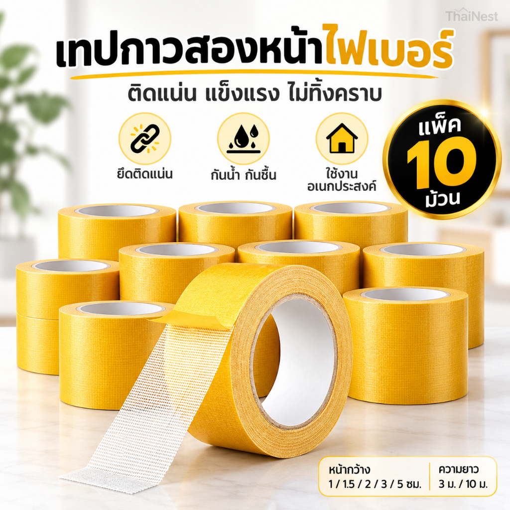 เทปกาวสองหน้าไฟเบอร์ แพ็ค 10 ม้วน ตาข่ายไฟเบอร์ เหนียวแน่น ทนทาน กันน้ำ ไม่ขาดง่าย ไม่ทิ้งคราบกาว เทปติดพรม ติดกรอบรูป