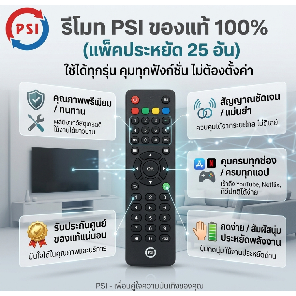 รีโมทของแท้ PSI (ใช้กับกล่องดาวเทียม PSI ได้ทุกรุ่น) แพ็คละ 25 อัน
