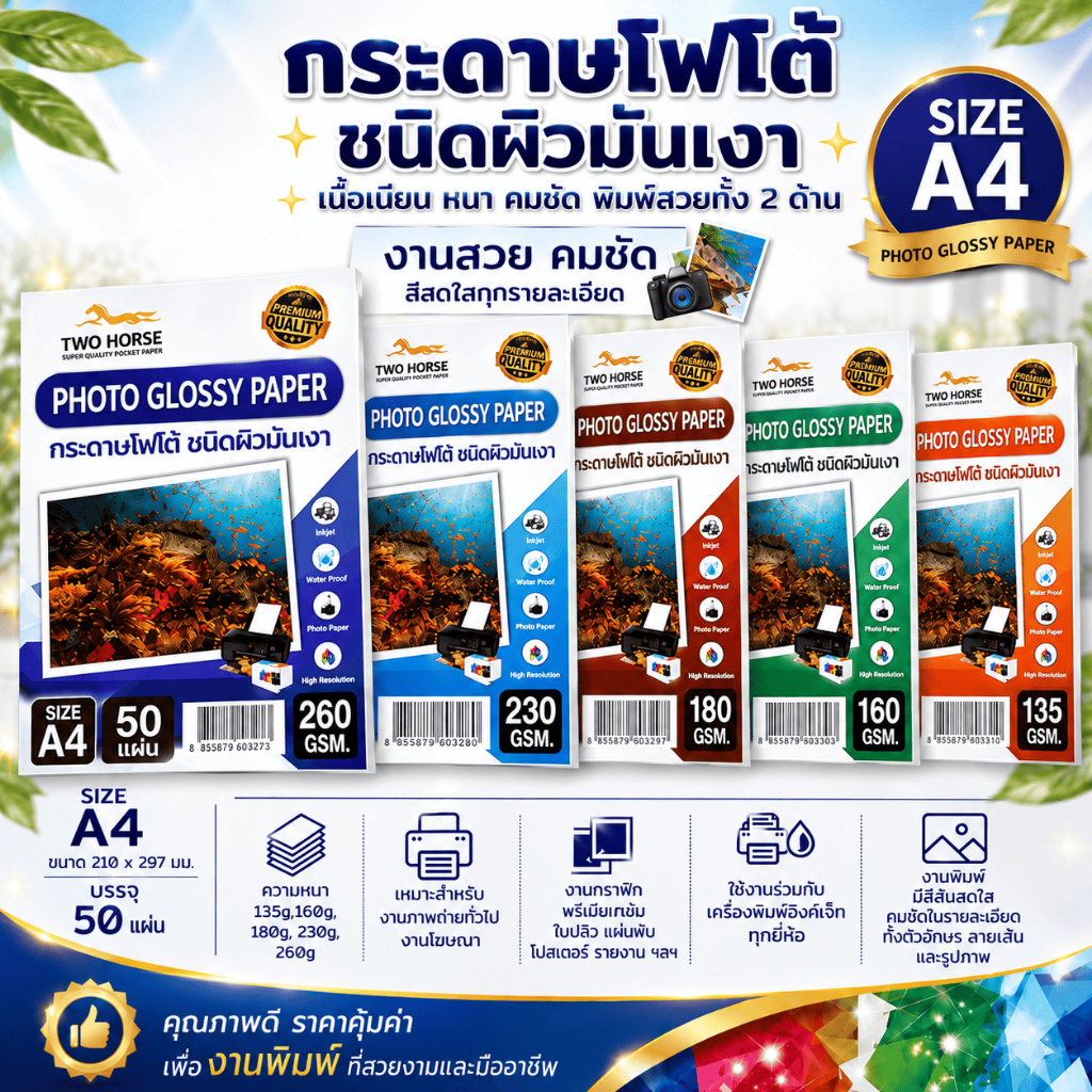 กระดาษโฟโต้ A4 ผิวมัน กระดาษปริ้นรูป Inkjet 135/160/180/230/260 แกรม แบบด้านเดียวและสองด้าน 50 แผ่น