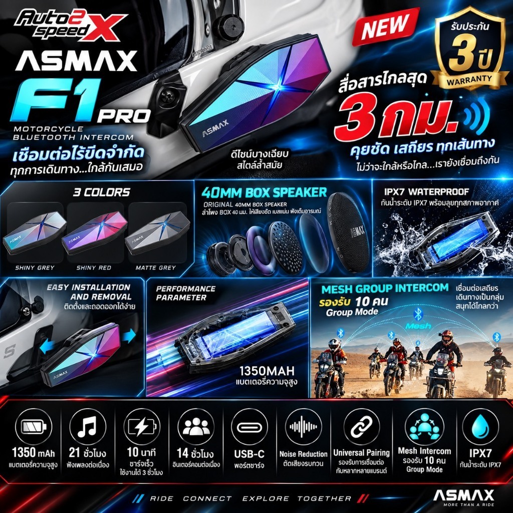 บลูทูธ Bluetooth ASMAX F1 PRO ออฟชั่นระดับท็อป ของแท้ รับประกัน3ปี บลูทูธติดหมวกกันน็อค