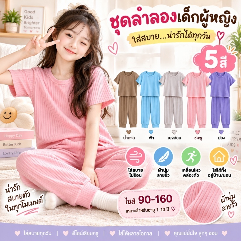 ชุดเด็กชายเด็กหญิง ชุดลำลองเด็ก เสื้อแขนสั้นเด็ก กางเกงขายาว ทรงหลวม เคลื่อนไหวง่าย สำหรับเด็ก 1-13 ปี