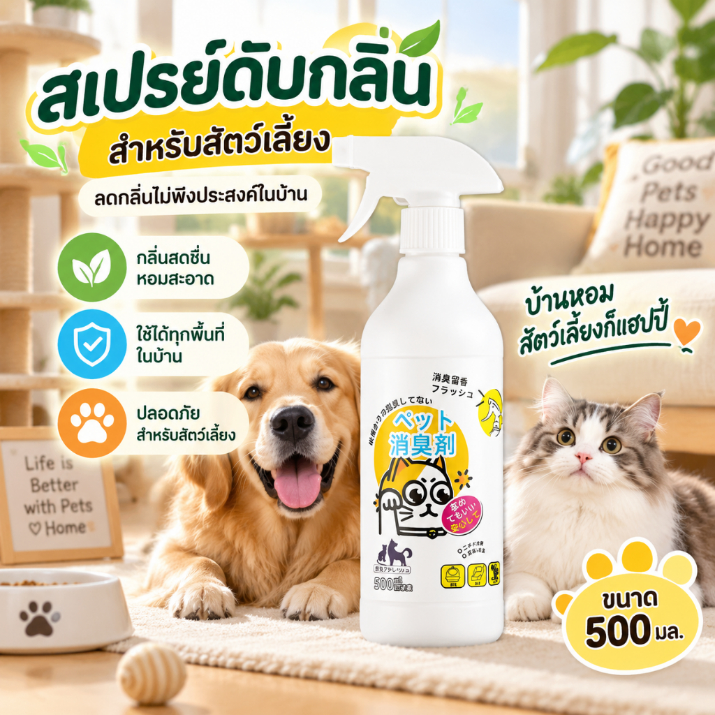 สเปรย์ดับกลิ่นสัตว์เลี้ยง กำจัดกลิ่นฉี่แมวฉี่หมา ดับกลิ่นทรา กลิ่นกรงสัตว์ สูตรสารสกัดพืชปลอ ใช้ได้โซฟาพรมพื้น ขนาด500ml