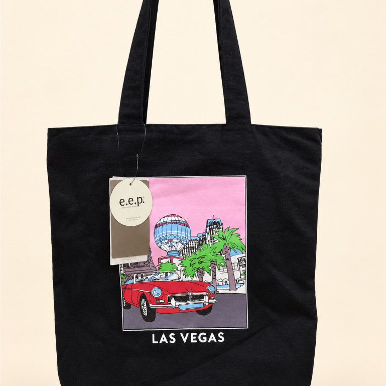 กระเป๋าผ้า Tote Bag e.e.p. Las Vegas สีดำ มีช่องซิป ขนาด 36 × 40 × 9 ซม. พร้อมป้ายห้อย🎌