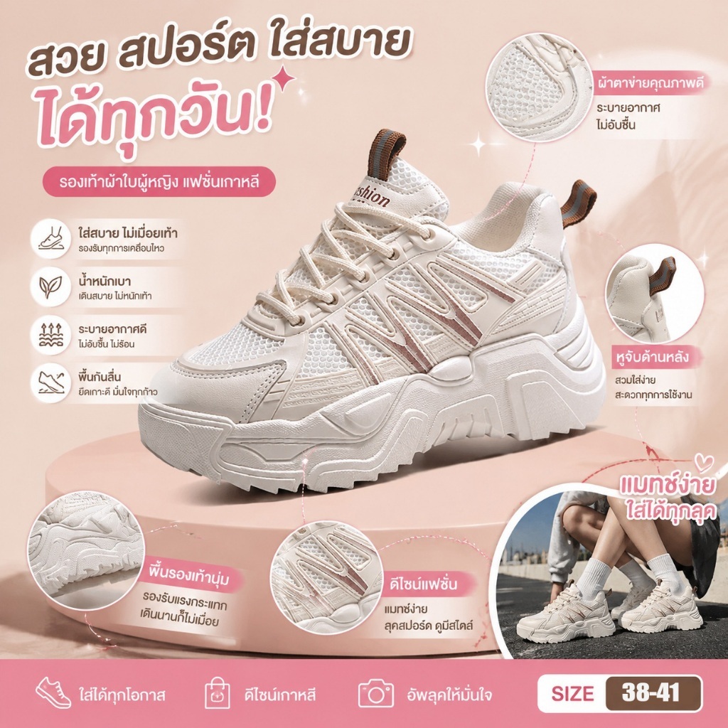 รองเท้าผ้าใบผู้หญิงหนาแน่น 2026 รุ่นใหม่ ตาข่ายระบายอากาศ รองเท้าแฟชั่นส้นสูง Sneaker กันลื่น สวมใส่สบาย