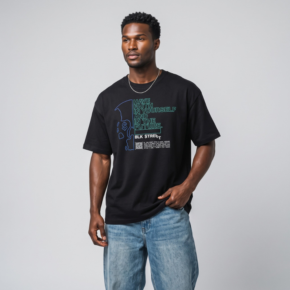 DAVIE JONES تيشيرت رجالي واسع جرافيك BLK STREET — أسود — صورة 4