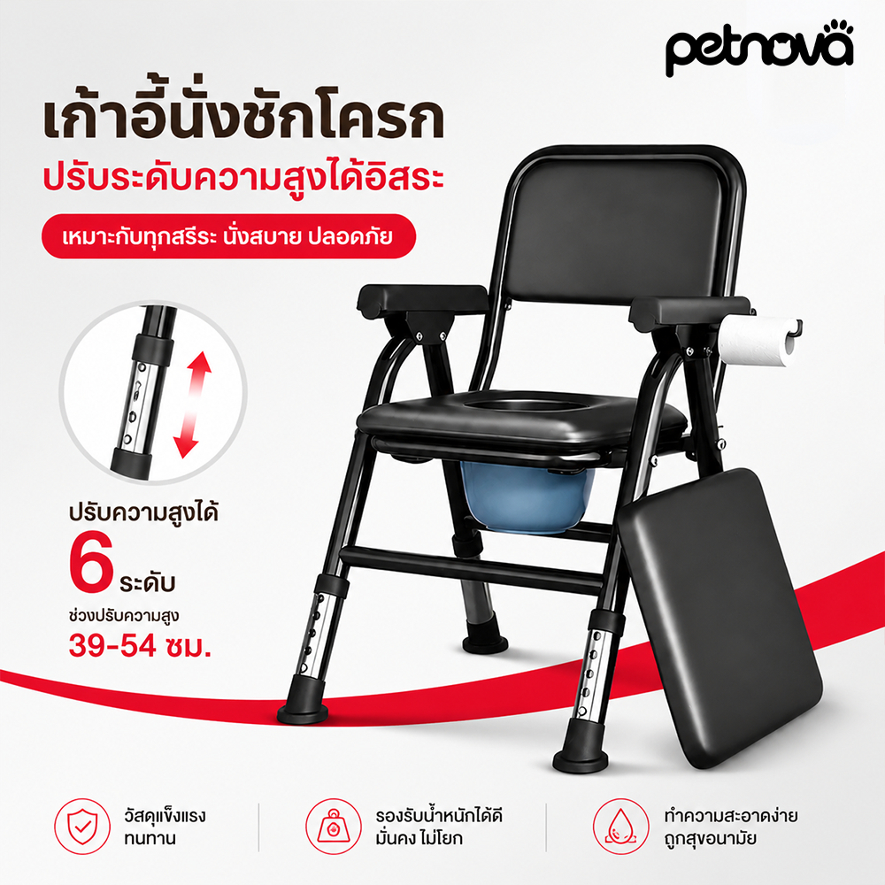Petnova เก้าอี้นั่งถ่ายพกพา พับได้ ปรับระดับได้ แข็งแรงทนทาน รองรับน้ำหนักมาก ใช้ในบ้าน