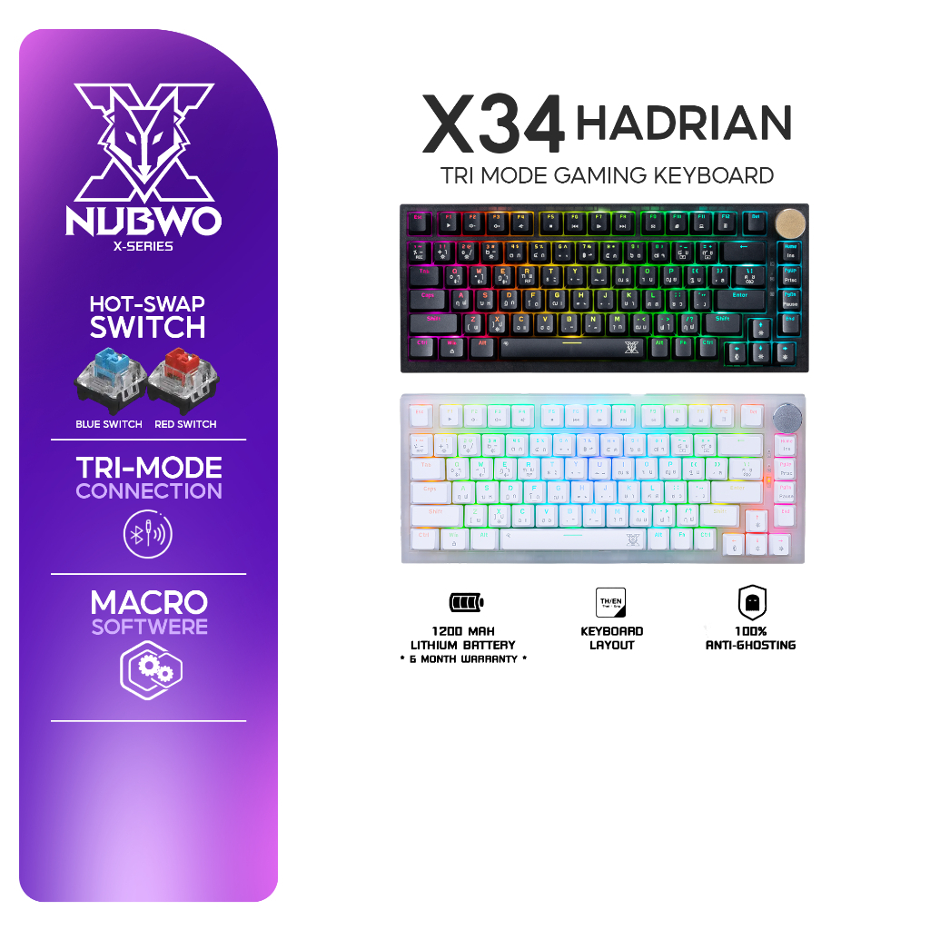 [รับประกัน 2 ปี] Nubwo คีย์บอร์ดเกมมิ่ง X34 Mechanical Gaming Full RGB เปลี่ยนสวิตช์ได้ ใช้งานได้Wir