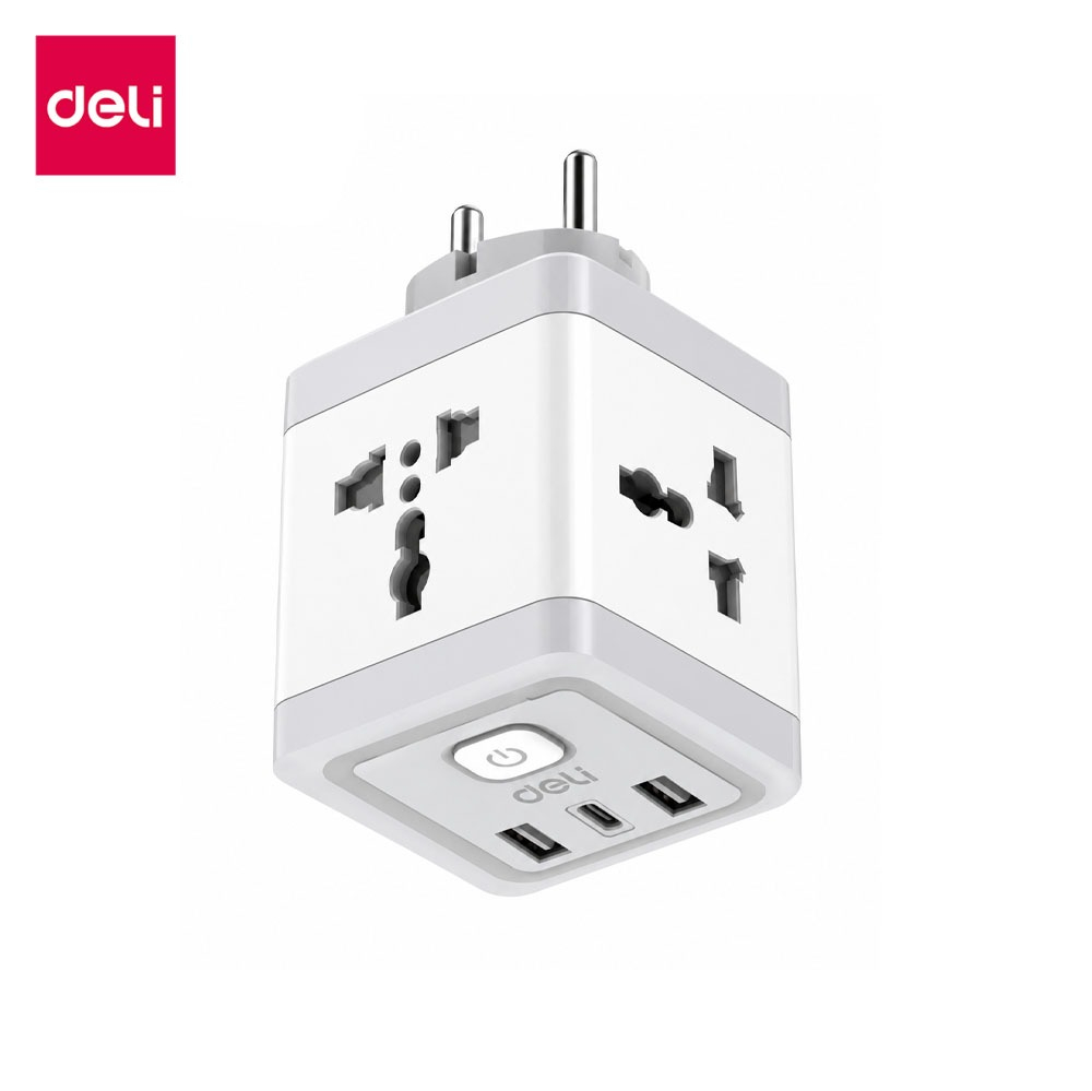 Deli ปลั๊กแปลง ปลั๊กสามตา อแดป์เตอร์ 4ช่อง พร้อม USB Type-C 3in1 พกพาสะดวก Socket USB Adapter