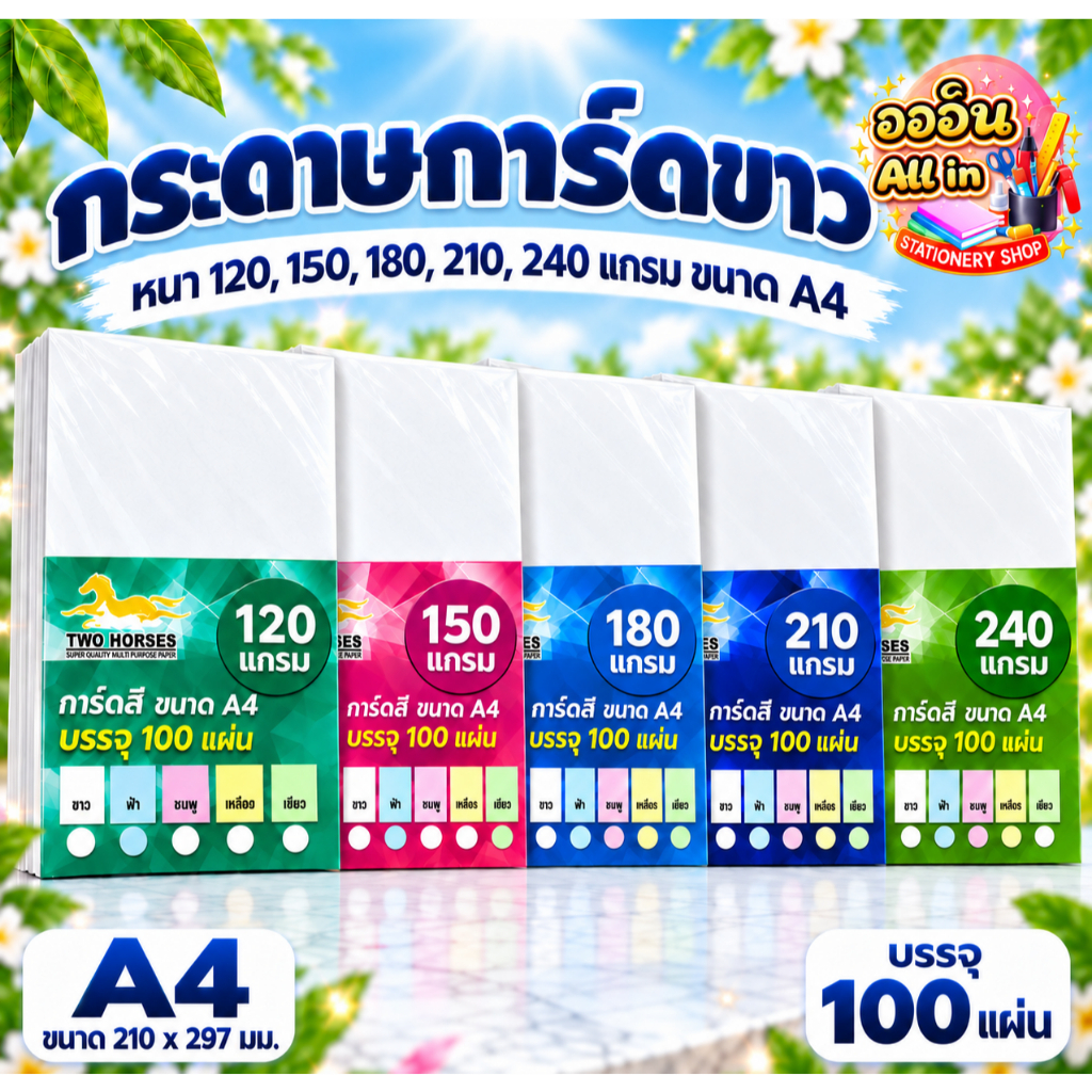 กระดาษการ์ดขาว หนา 120,150,180,210,240 แกรม ขนาด A4 (297x210mm) การ์ดขาว ปกรายงาน
