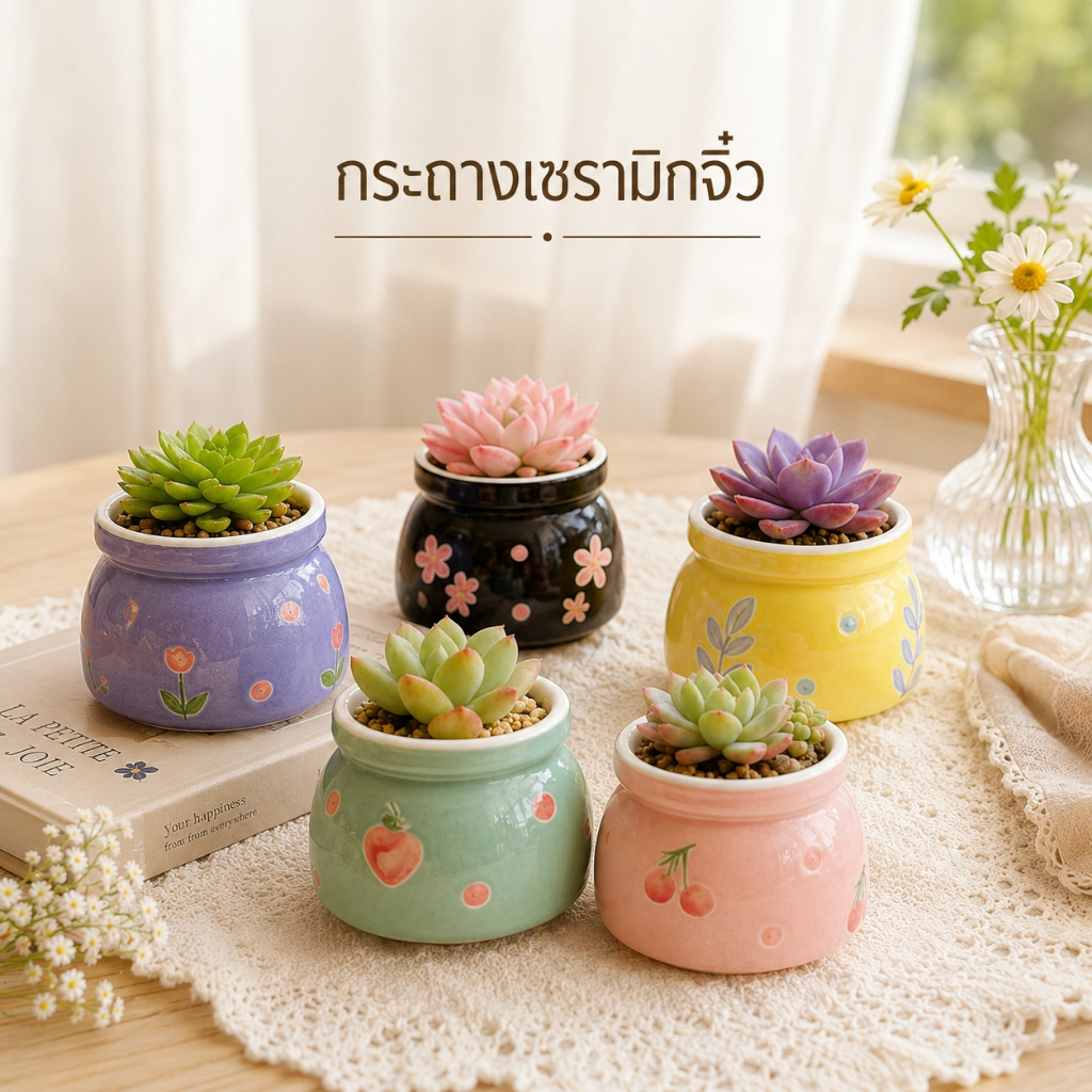 กระถางเพ้นท์ กระถางต้นไม้จิ๋วเซรามิก ลายผลไม้และดอกไม้ กระถางแคคตัสแต่งโต๊ะ กระถางเซรามิกขนาดเล็ก ดีไซน์สีพาสเทลวาดลายด้