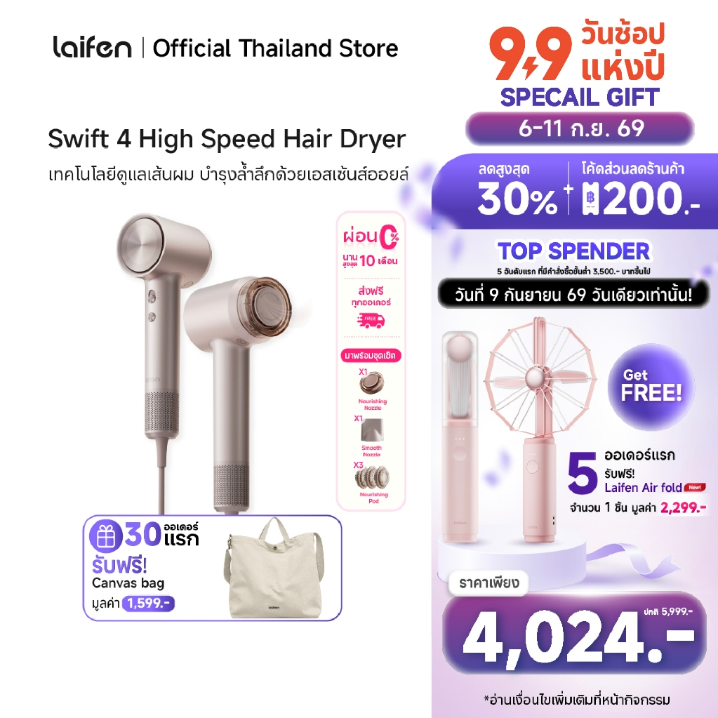 [โค้ดลด200+ฟรีกระเป๋า]Laifen Swift4 High-Speed ​​Hair Dryerไดร์เป่าผมควาามเร็วสูงพร้อมหัวเอสเซนส์เป่าบำรุงในขั้นตอนเดียว