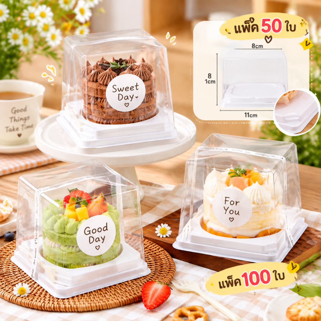 กล่องเค้ก กล่องเค้กสี่เหลี่ยมใส 50/100 ใบ แถมส้อม พลาสติกใส แข็งแรง สวยงาม พกพาง่าย ใส่ขนมมูสเค้กได้