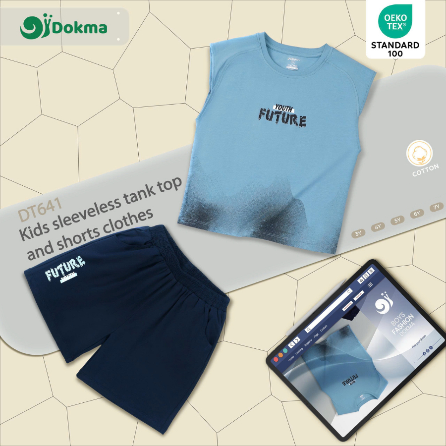 Dokma (13-28kg) ชุดเสื้อแขนกุด เด็กโต ผ้าคอตตอน DT641 Baby sleeveless Tank top and shorts clothes 3Y