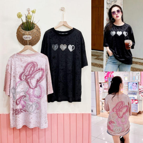 Lynlalin เสื้อยืดคอกลม ผ้ากำมะหยี่เกรดพรีเมี่ยม ดีเทลรีดเพชรหัวใจและมินนี่ รุ่น มินนี่เม้าส์