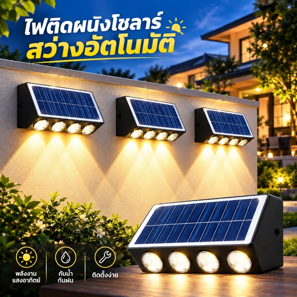 ไฟโซล่าเซลล์ โคมไฟติดผนัง ไฟติดผนัง Solar light ไฟตกแต่ง พลังงานแสงอาทิตย์ 4/6/8LED โคมไฟติดผนังภายนอก ไฟรั้ว ไฟโซล่า