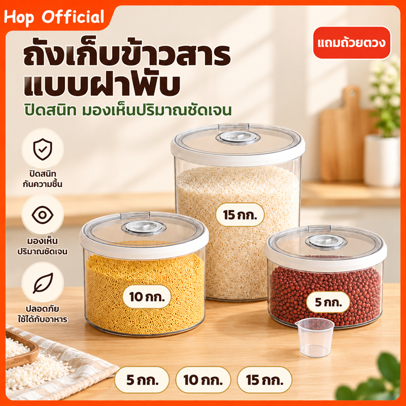 HOP ถังใส่ข้าวสาร ถังเก็บข้าวสาร 15 กก ใส/ครีม ที่ใส่ข้าวสาร 5 กิโล ถังข้าวสาร ป้องกันแมลงและความชื้น ฟรีถ้วยตวง มีล้อเล