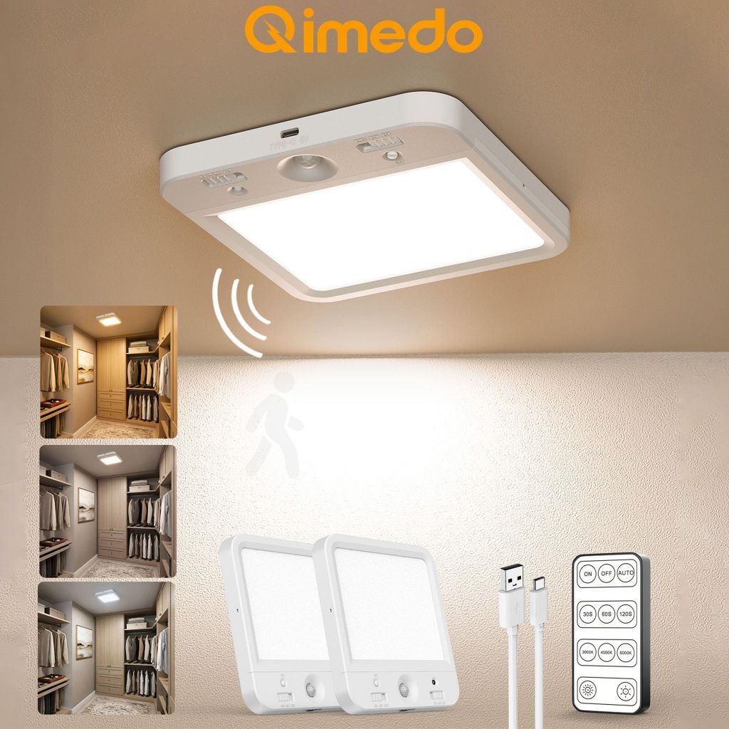 Qimedo ไฟเพดานLED เซ็นเซอร์เคลื่อนไหว ไร้สาย 8000mAh รีโมท ปรับ3สี-หรี่แสง ไฟตู้เสื้อผ้า-ห้องน้ำ-ทางเดิน Type-C