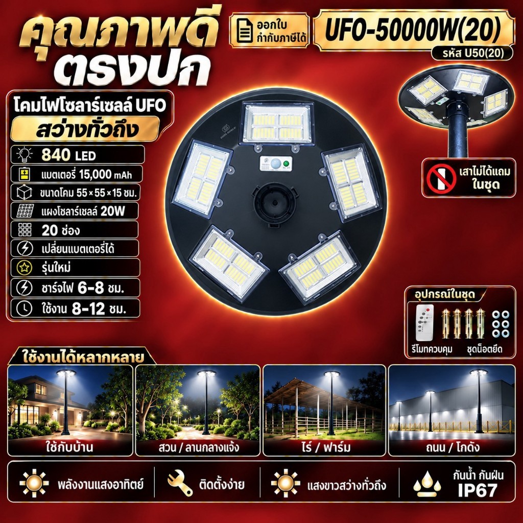 ไฟถนน ไฟจานกลม UFO 50000W โคมไฟ ไฟถนน หลอดไฟ พลังงานแสงอาทิตย์ โซล่าเซลล์ UFO ไฟโซล่าเซลล์