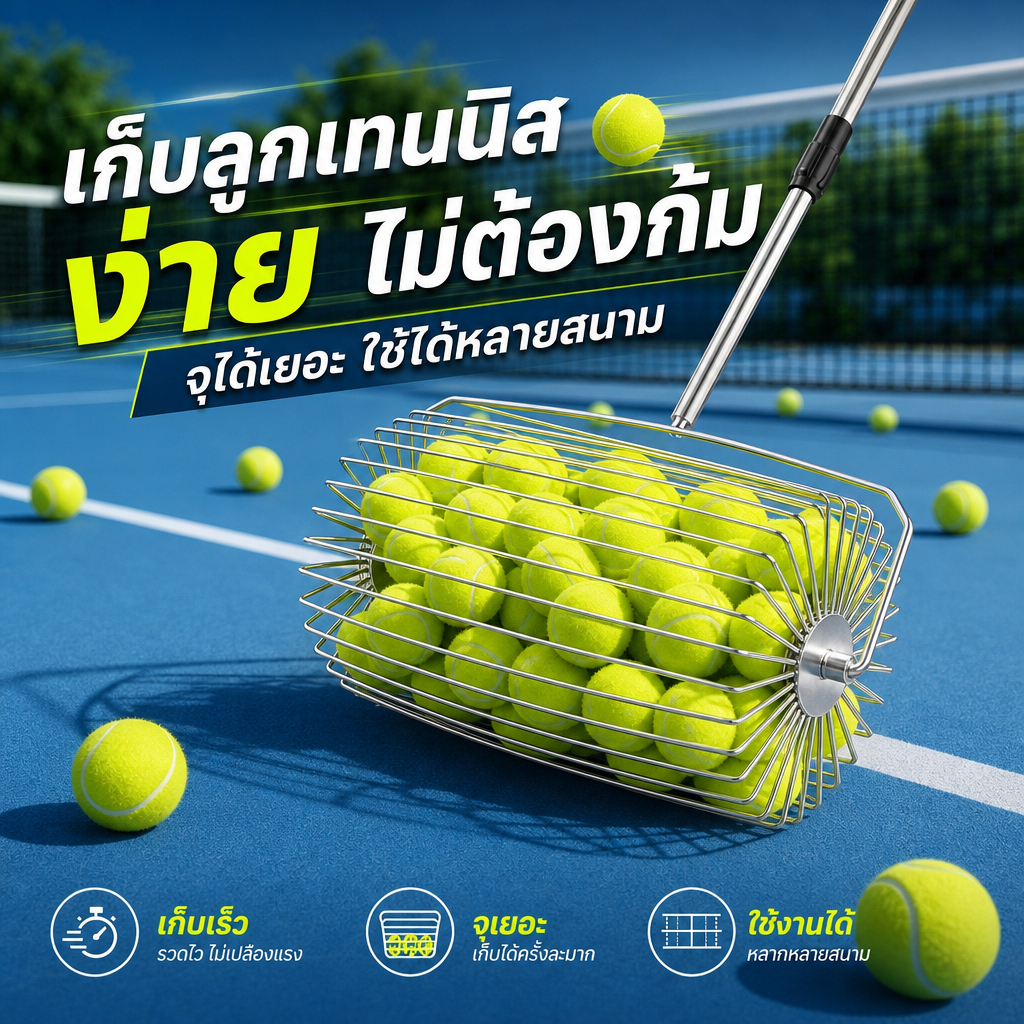 🏰Roller Pick Tennis Ball ปรับขนาดได้ ไม่ต้องก้ม​ เครื่องมือเก็บลูกเทนนิสแบบกลิ้งได้ สำหรับสะสมลูกเทนนิสมากมาย