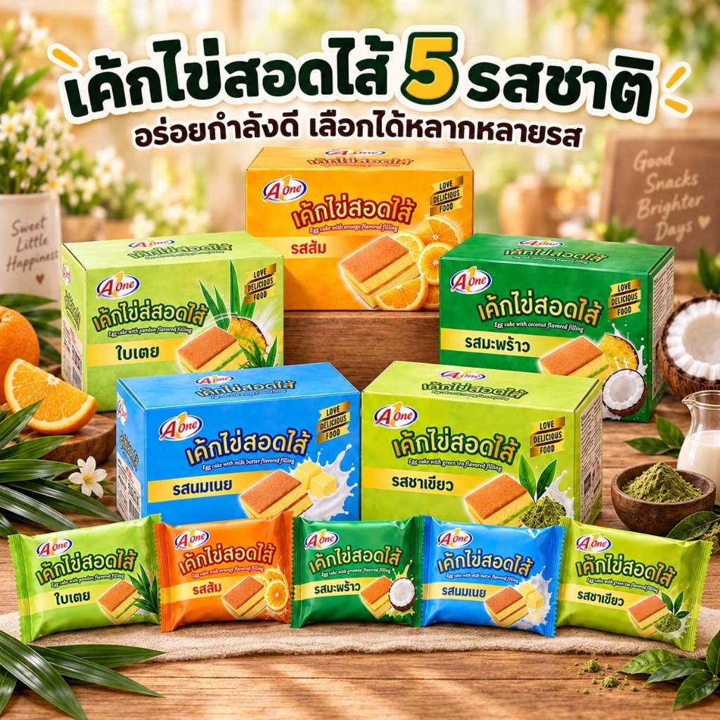 A1One เค้กไข่สอดไส้ นมเนย/ชาเขียว/มะพร้าว/ส้ม/ใบเตย (ยกลัง 12 แพค 144 ซอง)