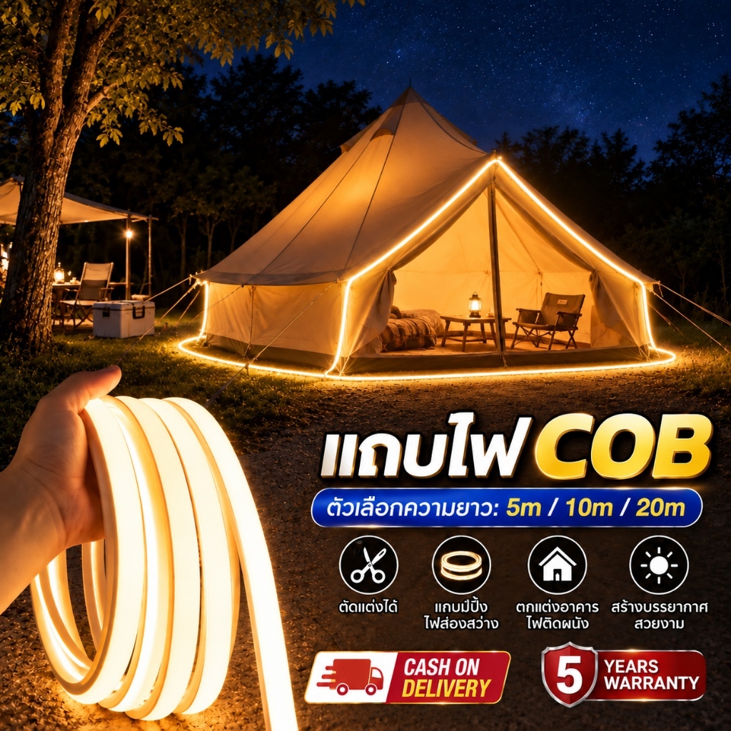แถบไฟ COB 24V กันน้ำ IP68 ไฟเส้นสว่างสม่ำเสมอ 3000K / 6000K ตัดได้ทุก 5cm ขนาด 5M 10M 20M 30M 50M