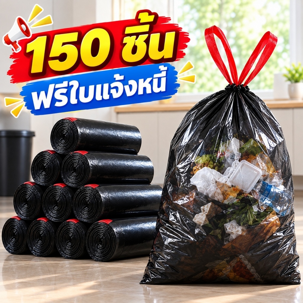 🔥150 ชิ้น🔥 ถุงขยะแบบมีเชือกผูกสีดำ ขนาด 45 x 50, 50 x 60 ซม. หนา ไม่มีกลิ่น แข็งแรงทนทาน มีหลายขนาดให้เลือก สินค้าพร้อมส