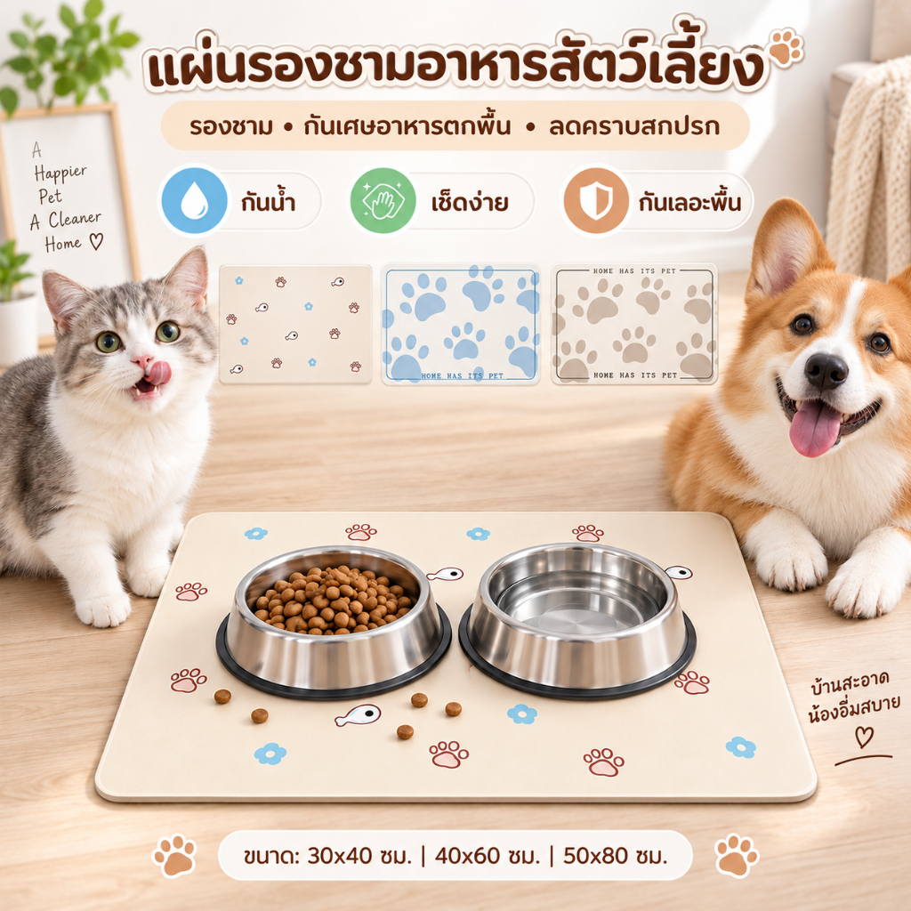 🐕แผ่นรองพื้นสัตว์เลี้ยง PVC เสื่อรองชามสัตว์ กันน้ำ กันลื่น ขนไม่ติด เช็ดง่าย เหมาะสำหรับหมา แมว และสัตว์เล็ก