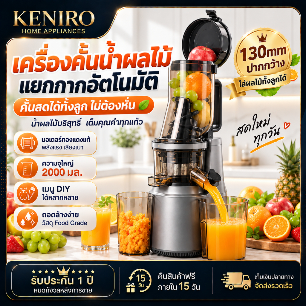 【KENIRO】 เครื่องสกัดน้ำผลไม้สกัดเย็นความเร็วต่ำ ปากกว้าง 130 มม. ไม่ต้องหั่นผลไม้ แยกกากอัตโนมัติ ความจุ 2000 มล. ทำไอศก