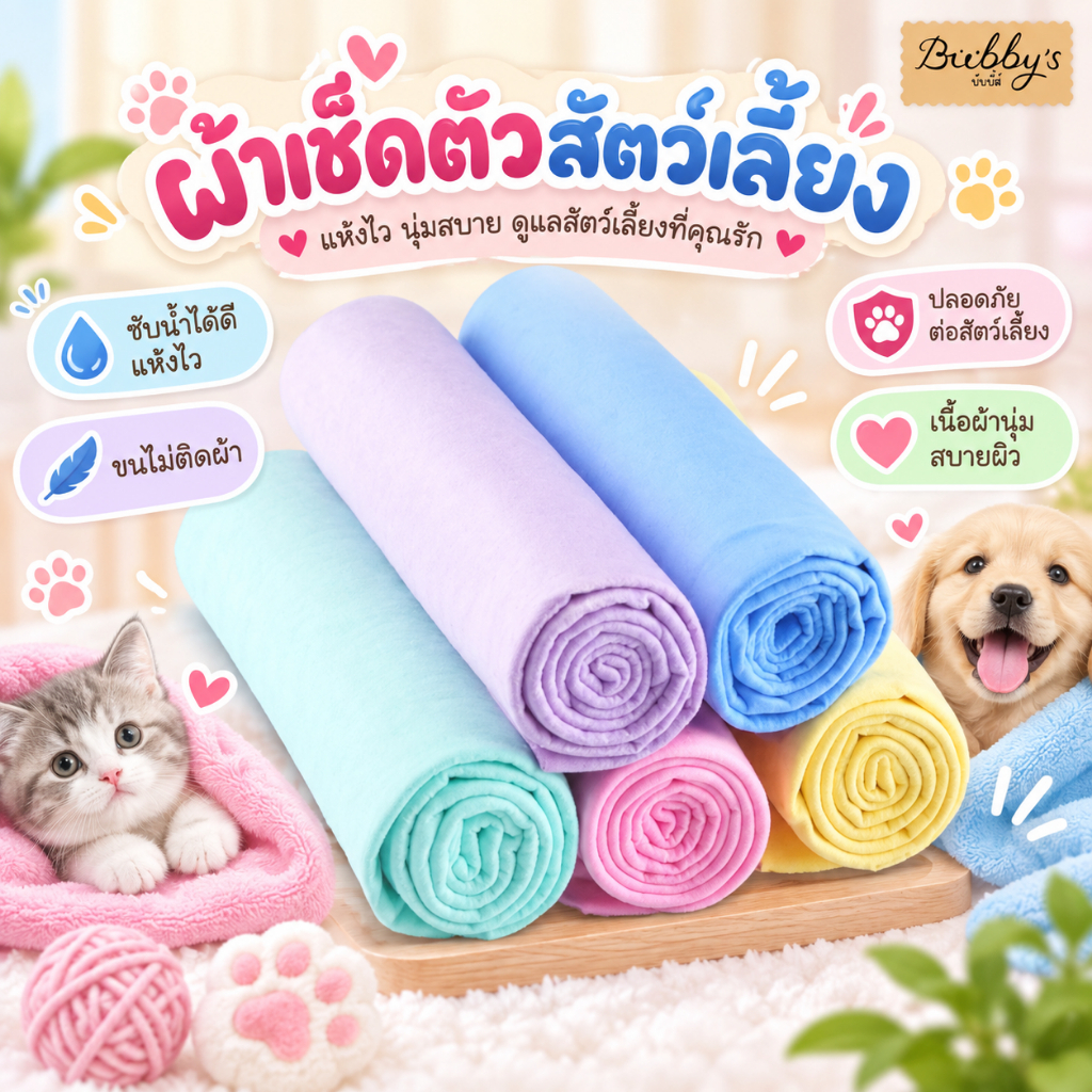 PP-058 Bubby's ผ้าชามัวร์เอนกประสงค์ สำหรับเช็ดตัวสัตว์เลี้ยง พร้อมส่ง บับบี้ Bubby By pet project mall