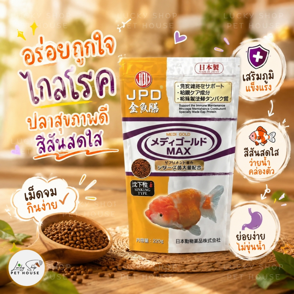 JPD Medi Gold Max อาหารปลาทอง(เหลือง) สูตรโปรตีนและไขมันคุณภาพสูง ช่วยเพิ่มวุ้น เม็ดจม