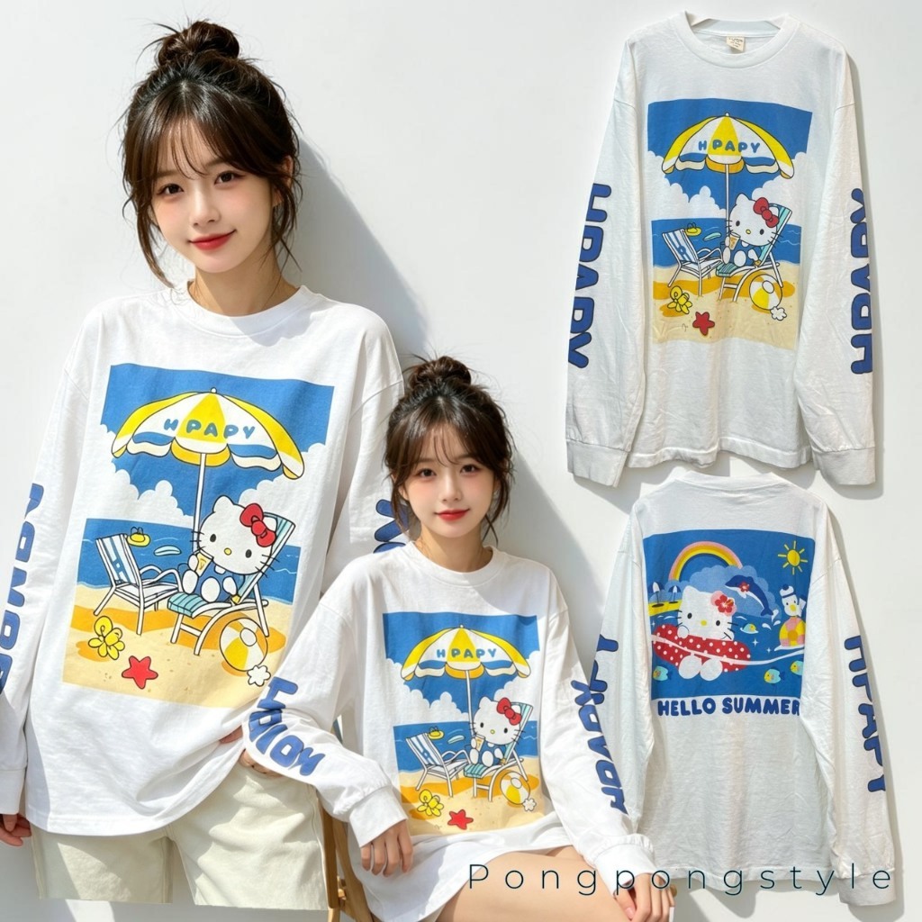 HELLO KITTY เสื้อยืดผ้าฟอกแขนยาว ทรงโอเวอไซส์ Unisex ผ้าฟอก Cotton100  งานใหม่ ทำเก่า ไม่มีตะเข็บข้าง สกรีน หน้าหลัง
