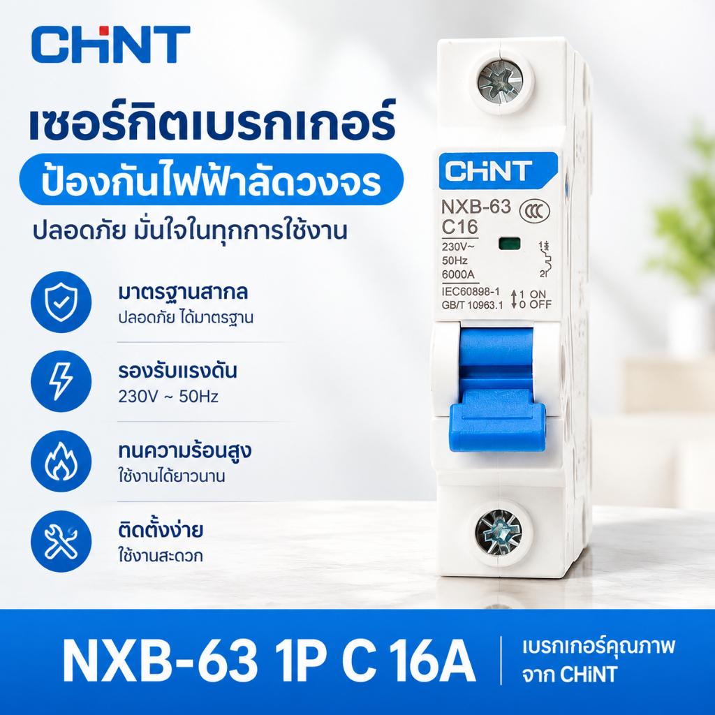 CHINT NXB-63 เซอร์กิตเบรกเกอร์ MCB แบบเกาะราง DINRAIL 1P 16A 20A 25A 32A 40A 50A 63A 6KA