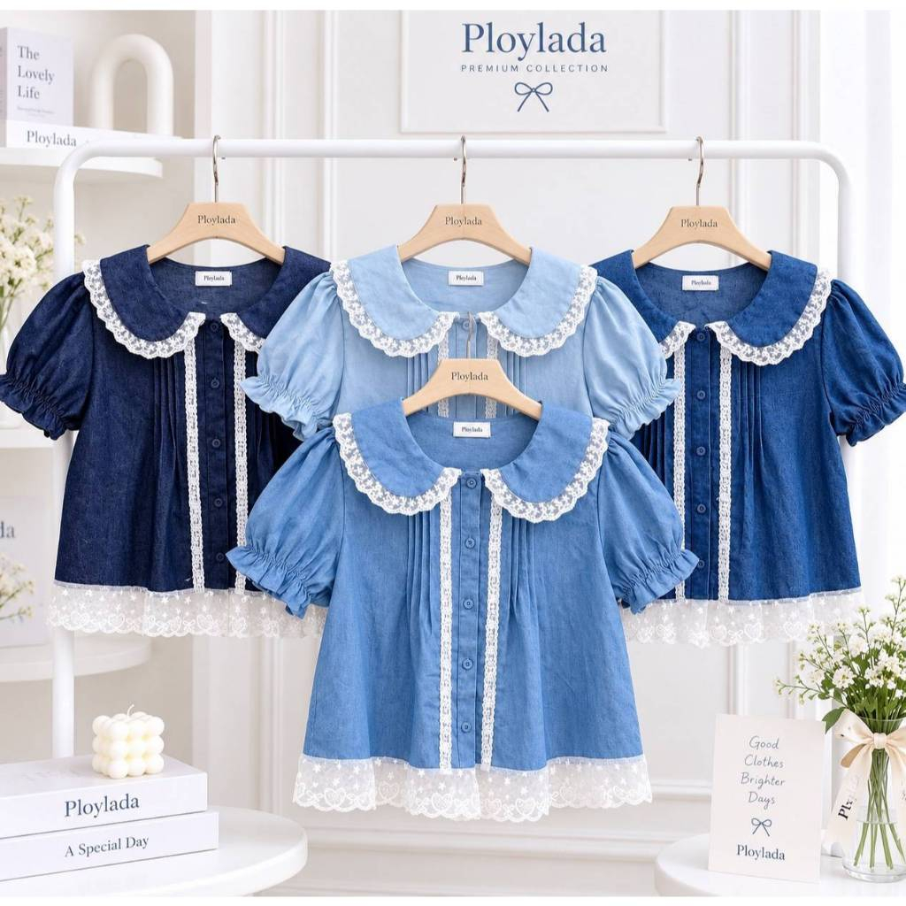 maymuse เสื้อคอบัวแขนตุ๊กตาแต่งขอบลูกไม้แต่งจีบด้านหน้าผ้ายีนส์ยืดป้ายploylada อก38นิ้ว