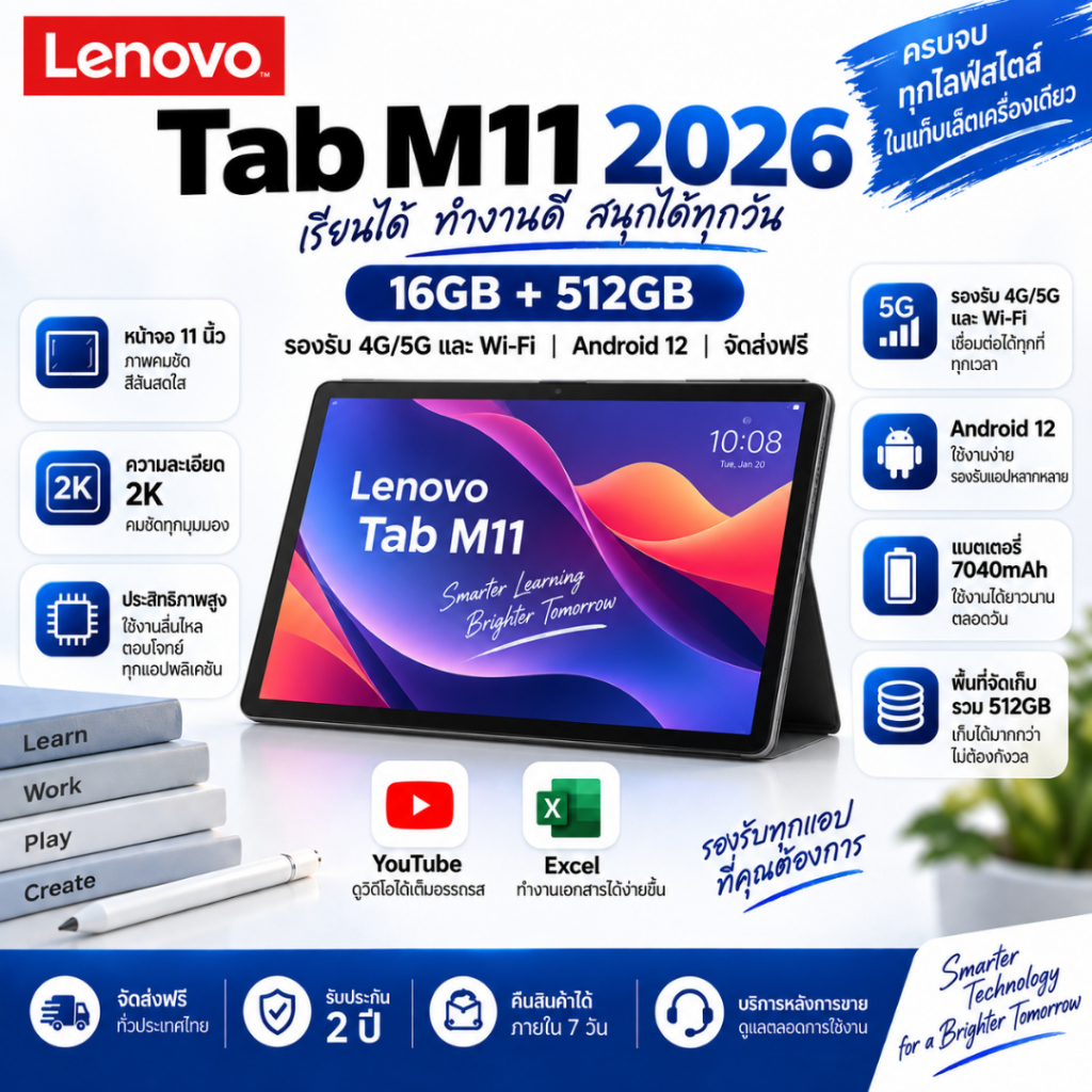 Lenovo Tab M11 2026 | 16GB+512GB | รองรับ 4G/5G และ Wi-Fi | Android 12 | ใหม่เอี่ยม