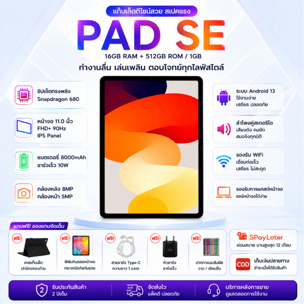 Redmi Pad SE Lite 11 นิ้ว 16GB+512GB Snapdragon แท็บเล็ต WiFi จอใหญ่ แบต 8000mAh จัดส่งรวดเร็ว