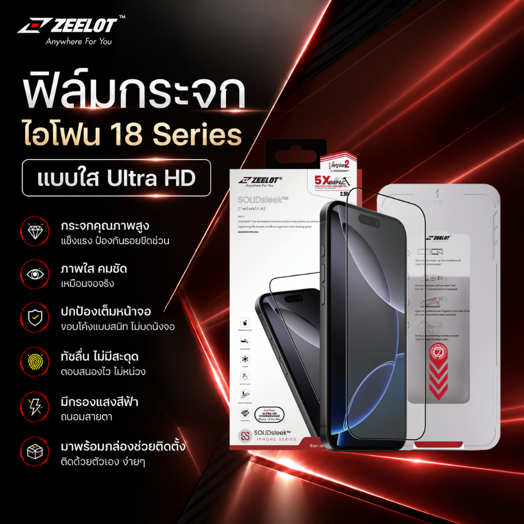 Zeelot ฟิล์มกระจก ไอโฟนDuo/ไอโฟน18ProMax/ไอโฟน18Pro แบบใส Ultra HD มาพร้อมกล่องช่วยติด