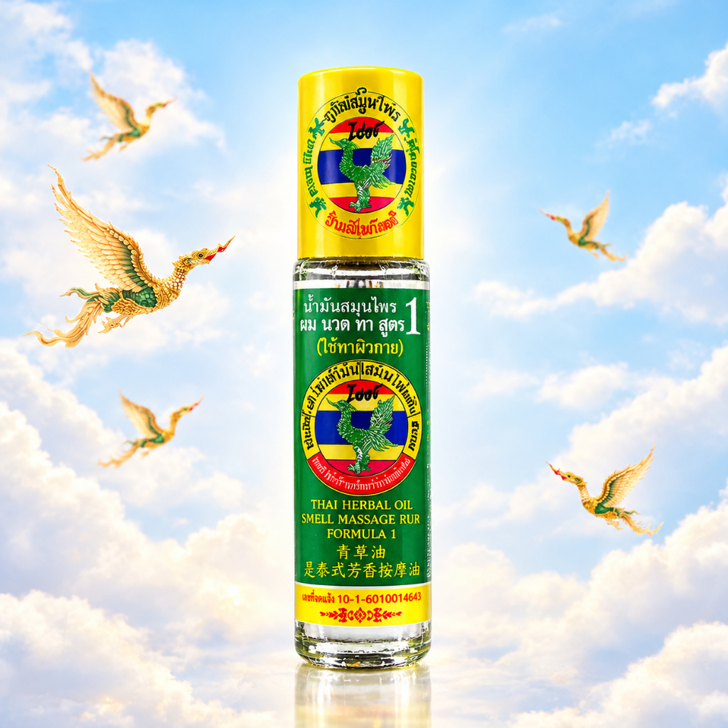 น้ำมันเขียวหงส์ไทย สูตร1 ขวดเล็กขนาด 8cc--3cc หอมเย็น-HONGTHAIGreen herbal oil formula 1, , size 8cc--3cc,1bottle.