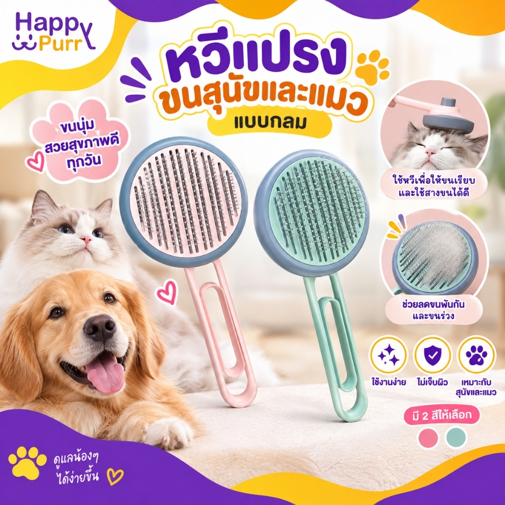 พร้อมส่ง Happy Purr หวีแปรงขนสุนัขและแมว หวีแปรงขนสัตว์เลี้ยง มีที่ดันขนสัตว์ออกจากแปรง แบบกลม