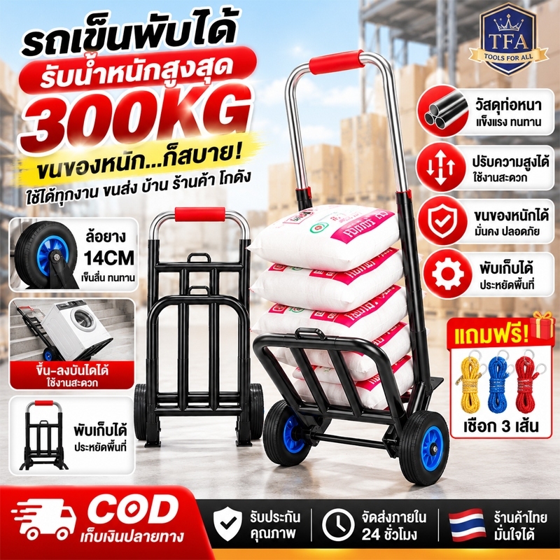 รถเข็นพับได้ รถเข็นอเนกประสงค์ รถเข็นของ ล้อ PU/ล้อยาง สำหรับขนของ แข็งแรงทนทาน ยืดหดได้ ประหยัดพื้นที่ แถมเชือก 3 เส้น