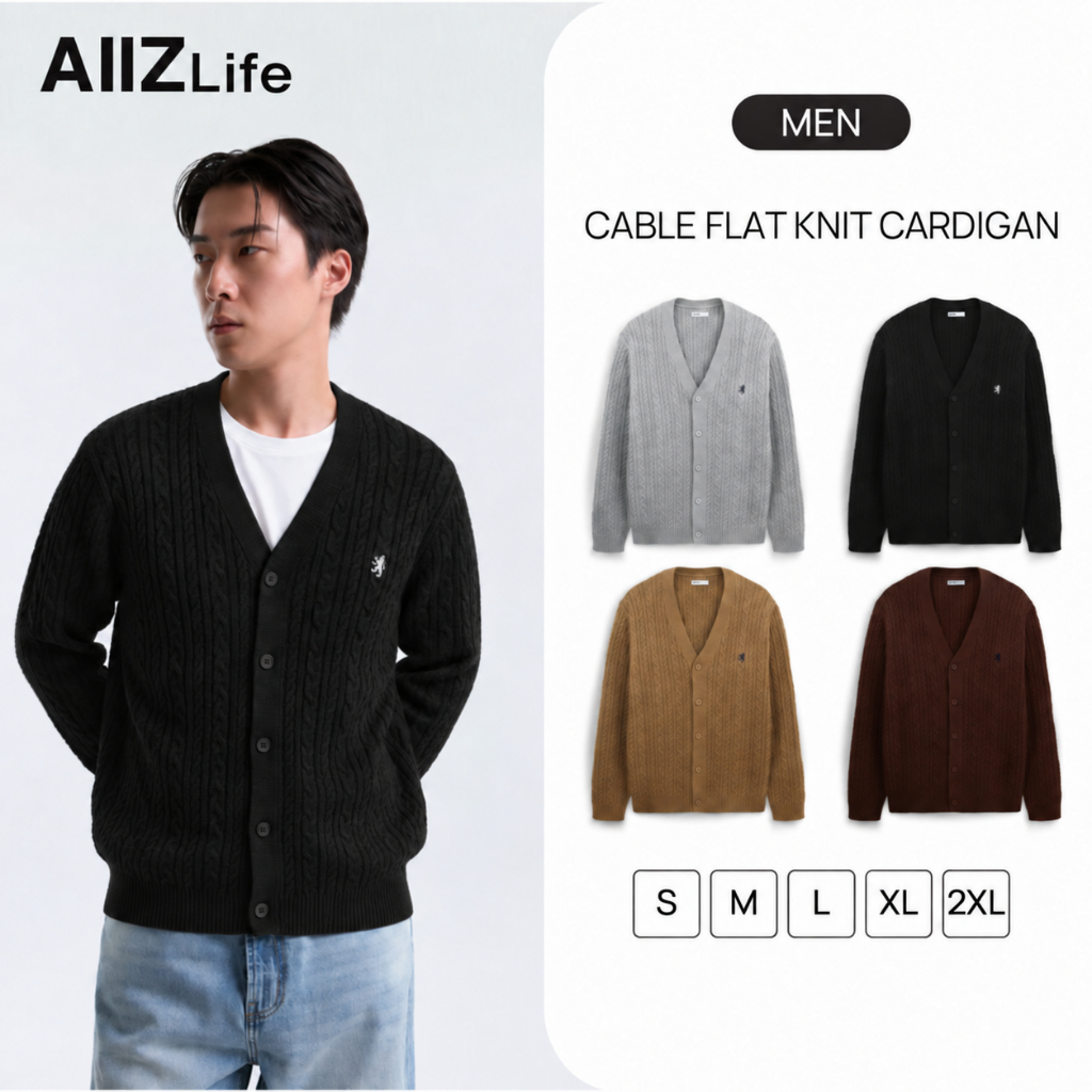 AIIZ เสื้อคาร์ดิแกนคอวีผู้ชาย ผ้าถักทอลายเคเบิล AIIZ Men's Cable Flat Knit Cardigan