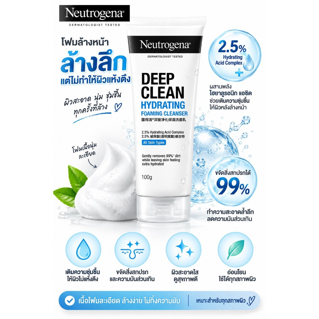 ฉลากไทยNeutrogena Deep Clean Hydrating Foaming Cleanser 100g.โฟมล้างหน้า