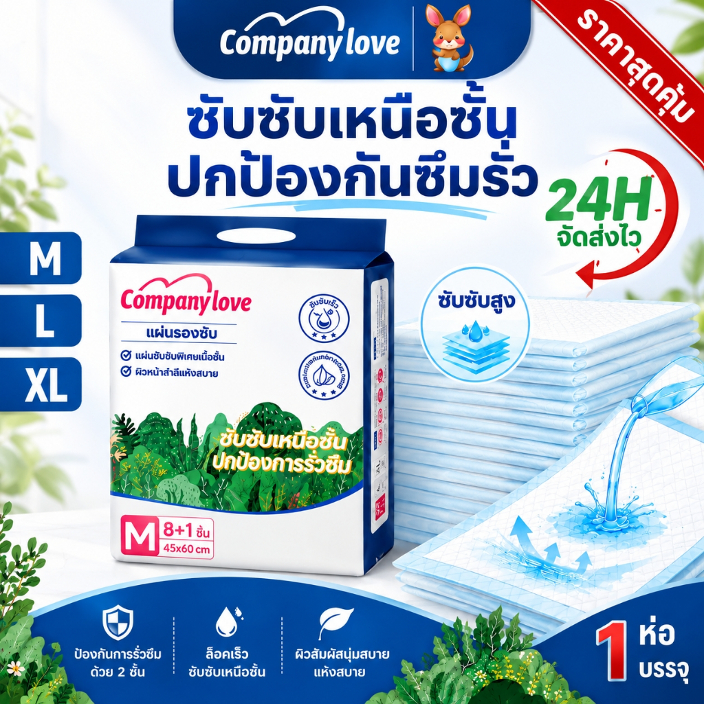 【แถมฟรี 1 ชิ้น】แผ่นรองซับฉี่ผู้ใหญ่ Company love ขนาด M/L/XL จำนวน 9 ชิ้น แผ่นรองกันซึมผู้ใหญ่