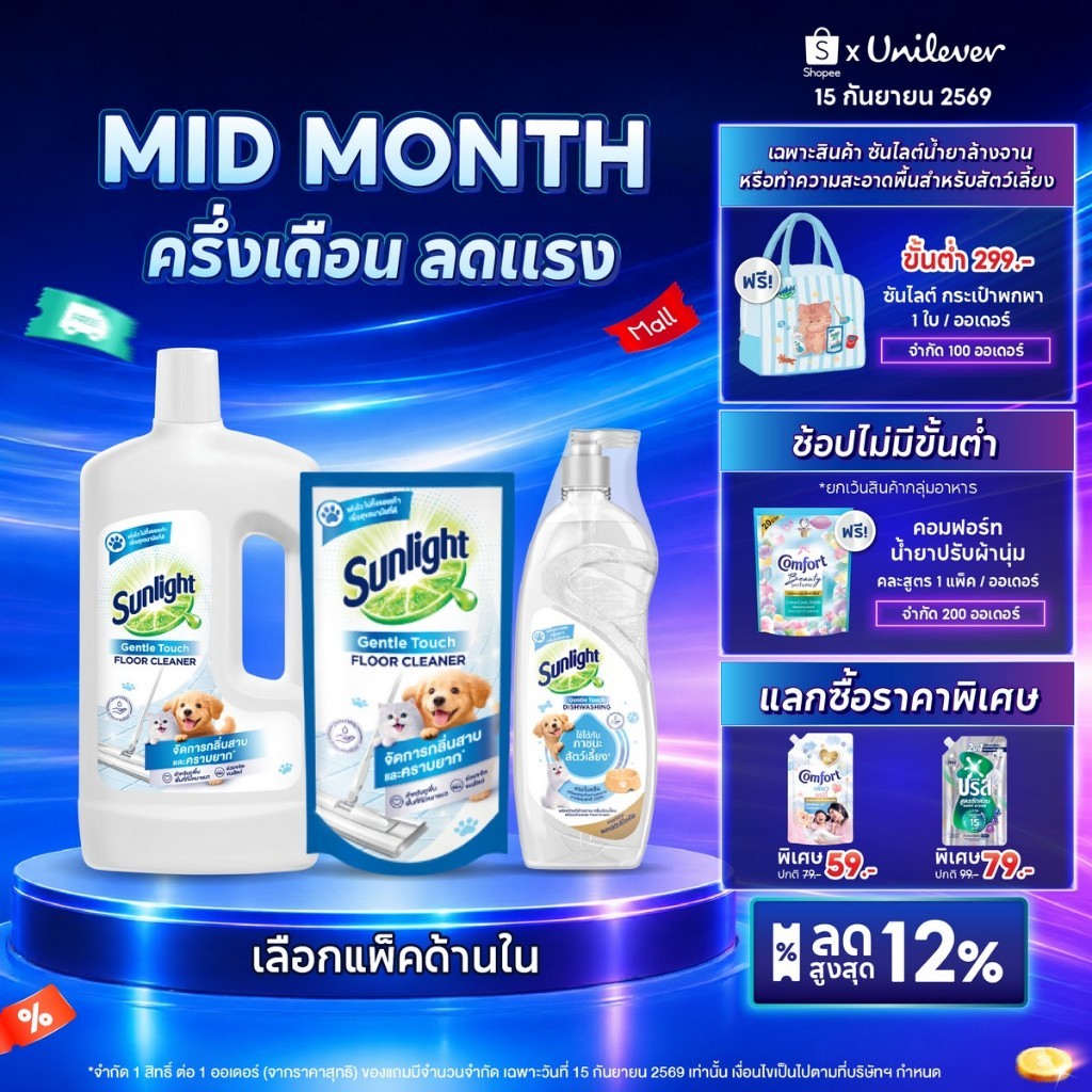 ซันไลต์ น้ำยาล้างจาน และทำความสะอาดพื้น สำหรับสัตว์เลี้ยง 450-900 มล. Sunlight Dishwash and Floor for Pet 450-900 ml