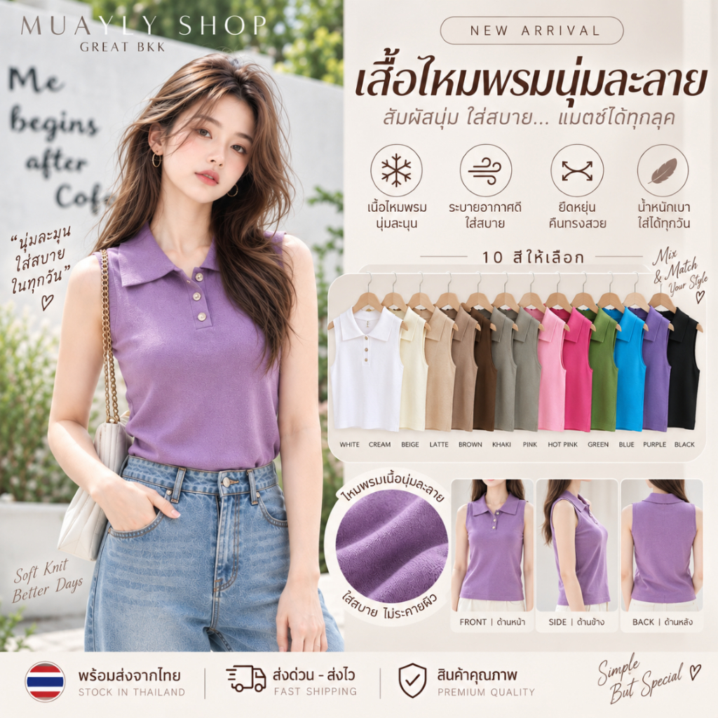 ℕ𝕖𝕨 เสื้อคอปก โปโล Polo แขนกุด ผ้าไหมพรมนุ่ม นิ่ม กระดุมหน้า 3 เม็ด (แกะได้) คอลเลคชั่น Summer 10สี