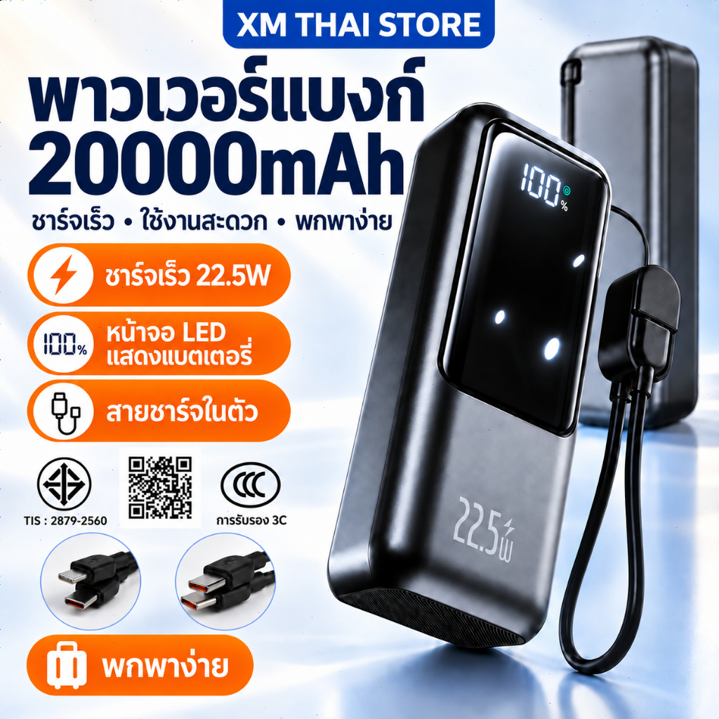 【CCC 22.5W】 power bank พาวเวอร์แบงค์สายในตัว หน้าจอกระจก ความจุ 20000mAh แบตฯ แน่น พกพาสะดวกสุด Mini พาวเวอร์แบงไร้สาย