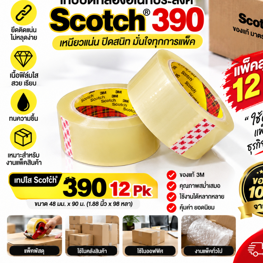 Scotch เทปใสบรรจุภัณฑ์ รุ่น 390 - 12PK เทปปิดกล่องเหนียวทน 48มม. x 98หลา (1ม้วน)