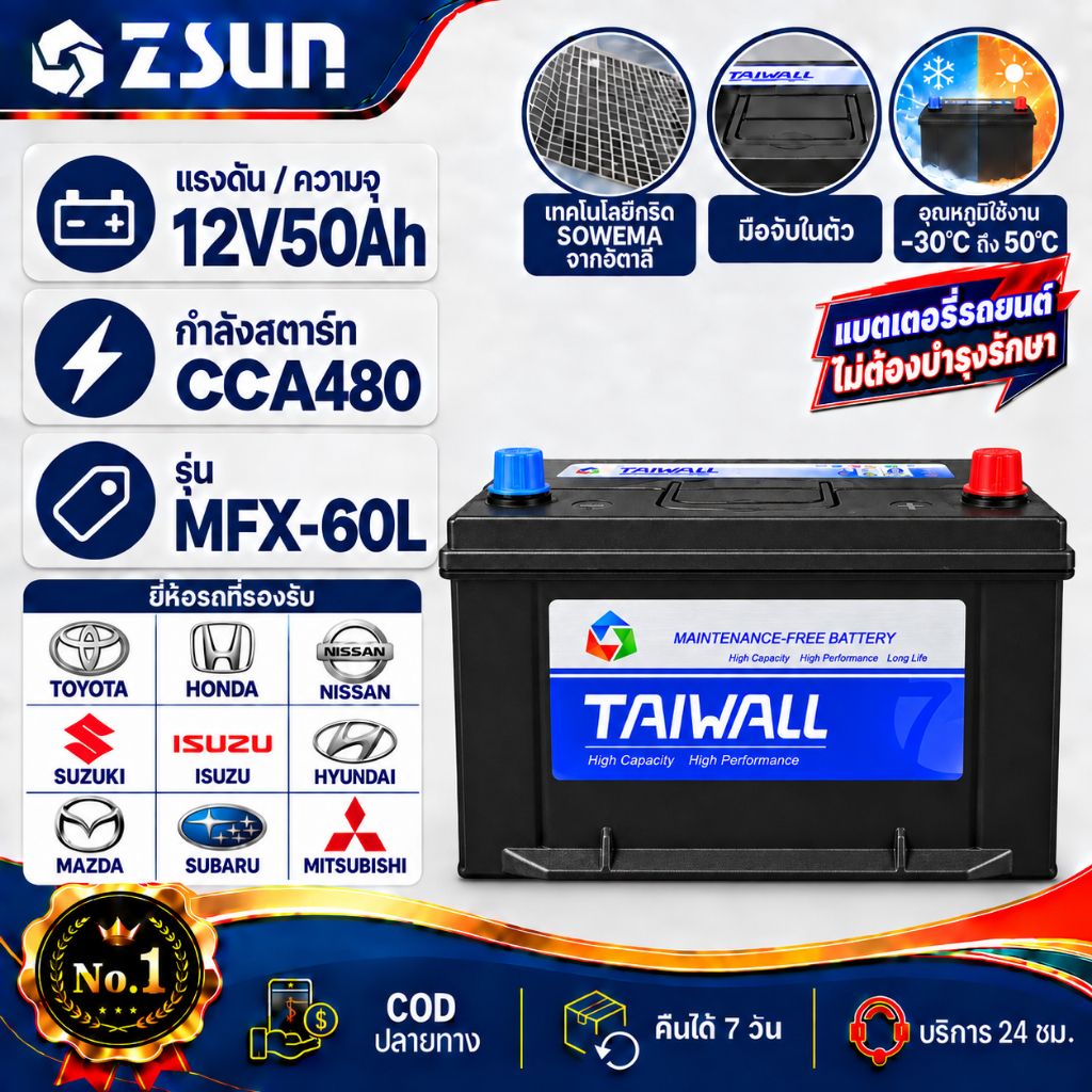 PINNSHENG แบตเตอรี่รถยนต์ รุ่น MFX-60L/R 60B24 Battery 50 แอมป์ CCA.480 Maintenance Free แบตรถยนต์ 5