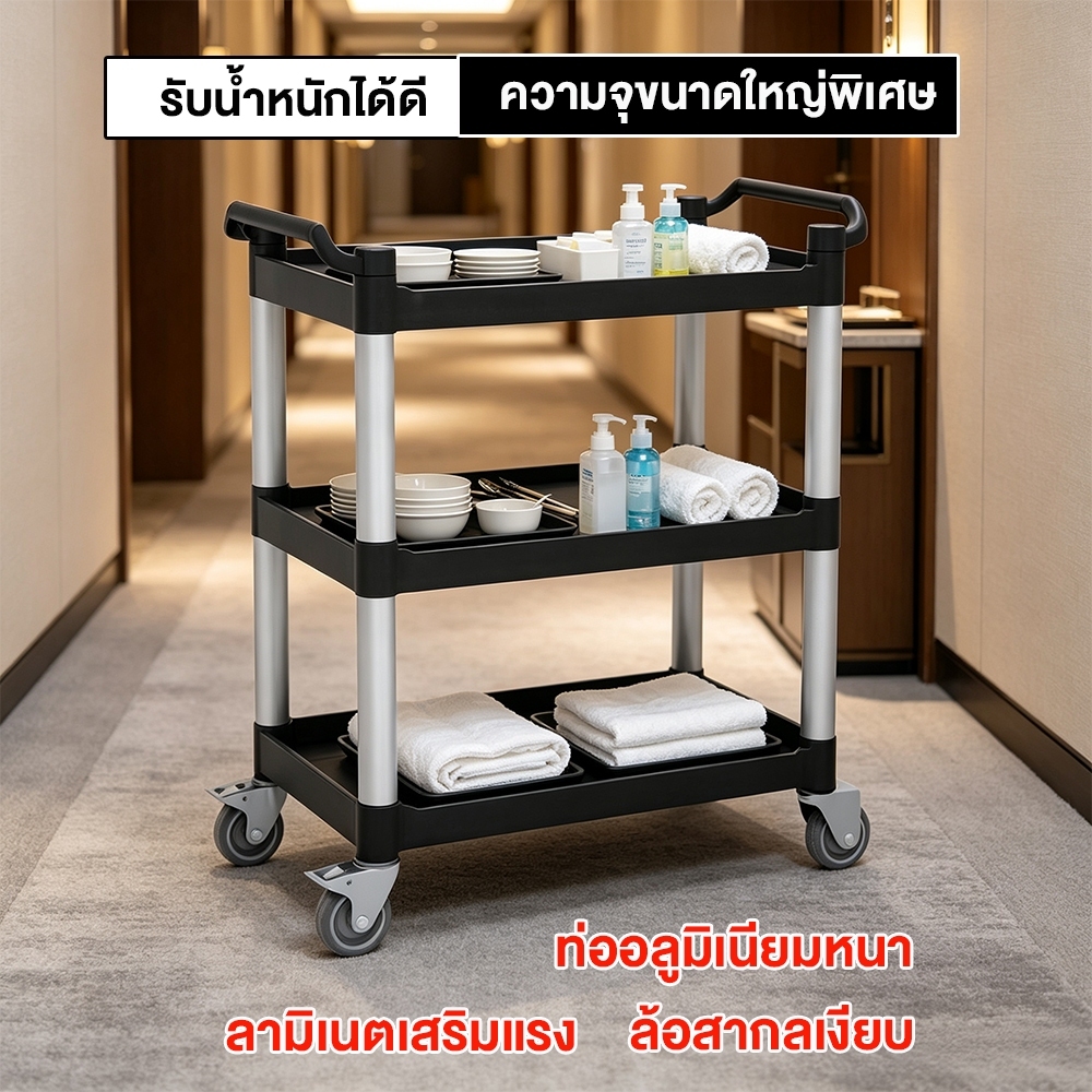 รถเข็นเก็บจาน ชั้นวาง PP เสาอะลูมิเนียม 8จุด รถเข็นศูนย์อาหาร 3 ชั้น เหมาะกับร้านอาหารทั่วไป